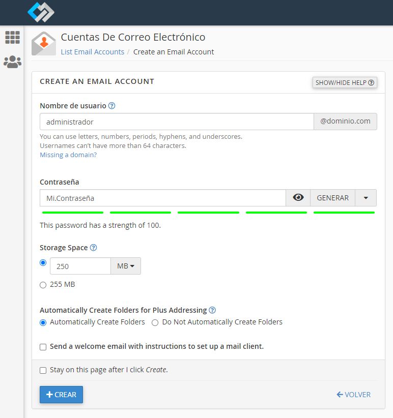Creación de cuenta de correo cpanel
